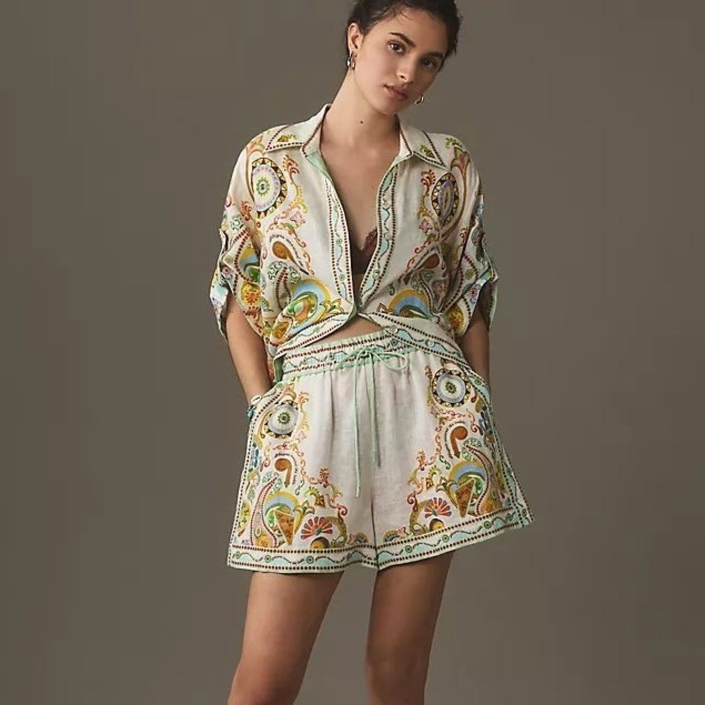NEW ALÉMAIS Pinball Linen Print Shirt and Shorts Matching Set Size 4